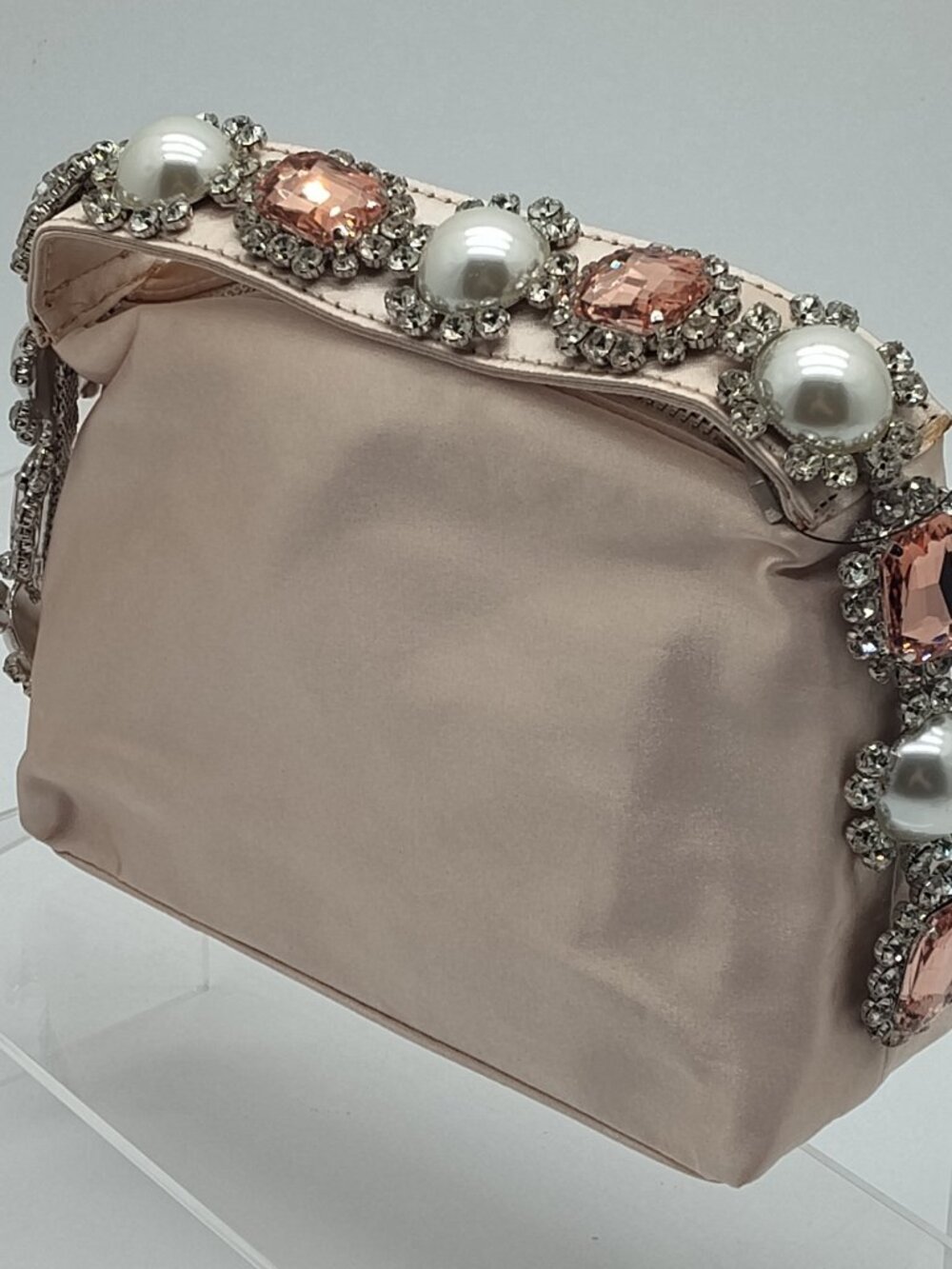 3AM Forever Nude Satin Evening Bag | Pearl & Pink Crystal Embellished Clutch